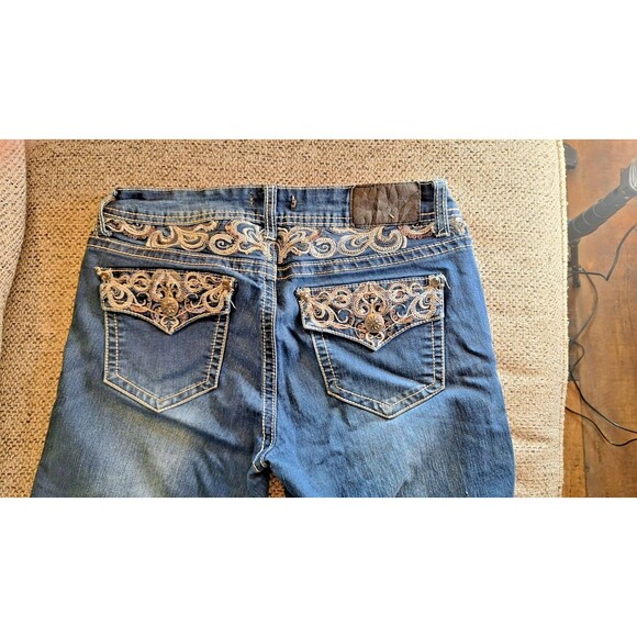Soundgirl Junior Size 7  Denim Jeans Zip‎ Bootcut Distressed Bling on Pockets - Picture 1 of 11